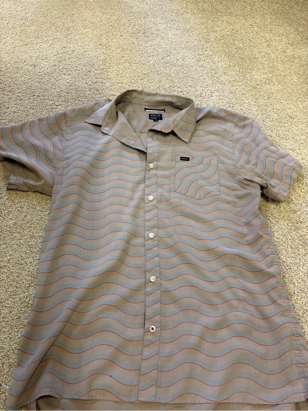 RVCA Men’s Short Sleeve Button-Up Shirt — Tan with Blue and Orange Waves